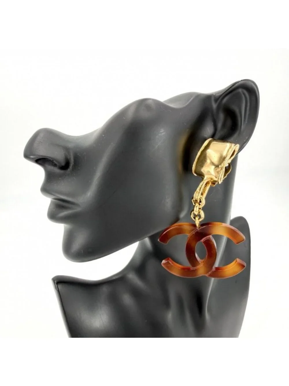 Chanel Earrings CC Logo Coco Swing Plastic Gold Plated Brown